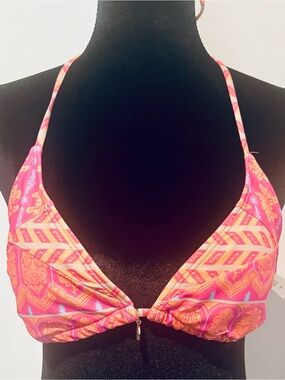 Pink & Orange Printed Halter Bikini Top. Size Small. Ties at neck &back.  B8